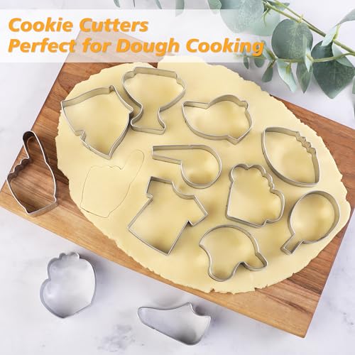 12PCS Football cookie cutter set Set, Fondant Biscuits Molds for Football, Jersey, Shorts, Shoe, Whistle, Helmet, Beer Mug, Glove, Trophy Cup, Cap, Table Tennis Racket, Foam Finger - Stainless Steel - color: Sports