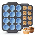 Boyun Silicone Muffin Pan for Baking,No-Spill Easy-Transfer Design,Reinforced Steel Frame, Non-Stick & Dishwasher Safe,12-Cup Regular Size Muffin & Cupcake Pan Bakeware for Oven (Blue 2pcs) - size: 2pcs