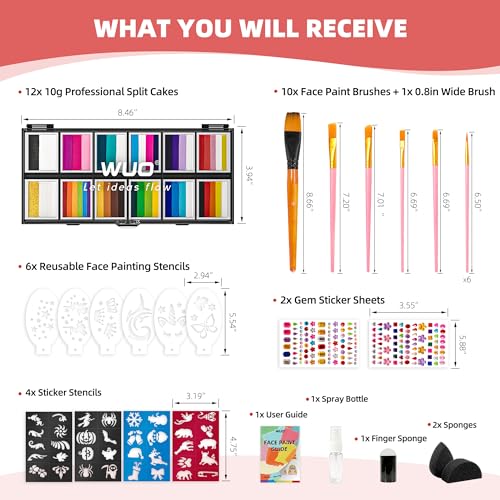 WUO Professional Face Painting Kit for Kids, 12x10g Split Cake Palette - color: Classic