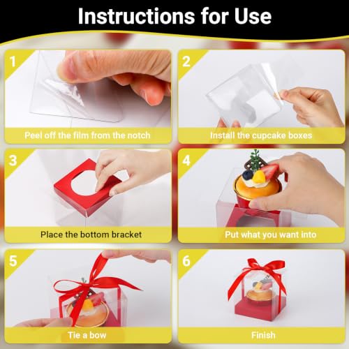 EUSOAR Cupcakes Boxes with Cupcake Cups, 50pcs 3.5 Inch Clear Cupcakes Holder and 50pcs 3.5oz Cupcakes Wrappers, Single Disposable Dessert Pastry Cupcakes Wrappers for Wedding Party Favor Bakery - color: Red