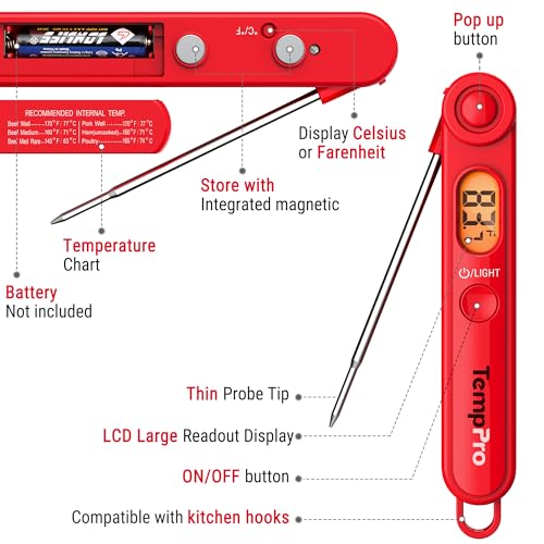 TempPro TempSwift 1 Sec Digital Meat Thermometer for Cooking - color: Bright red