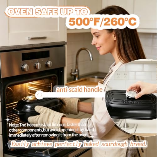 DIY Double Dutch Oven for Sourdough Bread Baking – Enamel Cast Iron Bread Baker with Lid, Bake Two Different Loaves at Once, 500°F Oven Safe, Includes 2×10" Banneton Proofing Baskets - color: Black