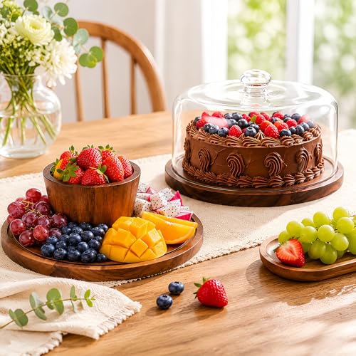 Acacia Wood Cake Stand with Lid - 12 Inch Magnetic Detachable Cake Stand with Dome, Shatterproof Acrylic Cover, Versatile Cake Holder & Charcuterie Board for Parties, Dessert Table Display