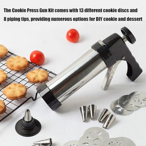 Hoypeyfiy Cookie Press Gun Kit, Versatile Stainless Steel Cookie Press, Includes 13 Discs and 8 Piping Tips for Baking and Decorating Cookies and Cakes