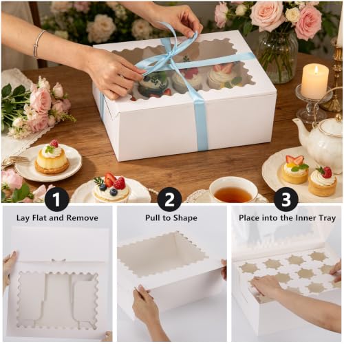 Tbestmax 20 Sets 12-Count Cupcake Boxes, 4.7 in Extra Tall Cupcake Containers with Windows & Inserts for 240 Cupcakes, White Pastry Boxes and 2 Rolls of Ribbon for Bakery, Parties, Weddings