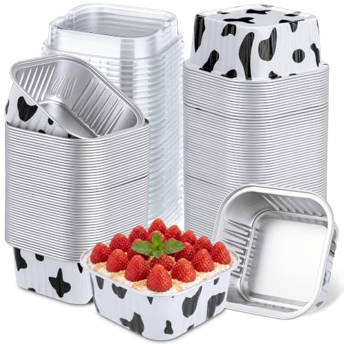 Skylety 100 Pcs 5oz Mini Square Cake Pans with Lids, Cow Print - color: Cow Print