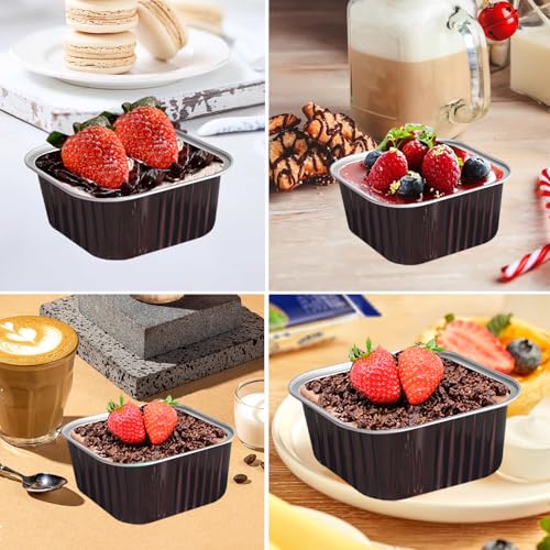 50 Pcs Mini Square Baking Cups with Lids,5oz Aluminum Foil Mini Cake Pans with Lids,Disposable Ramekins Cake Pans,150ml Dessert Cups Cupcake Pans for Wedding Birthday Party,Coffee - color: Coffee, size: 5oz