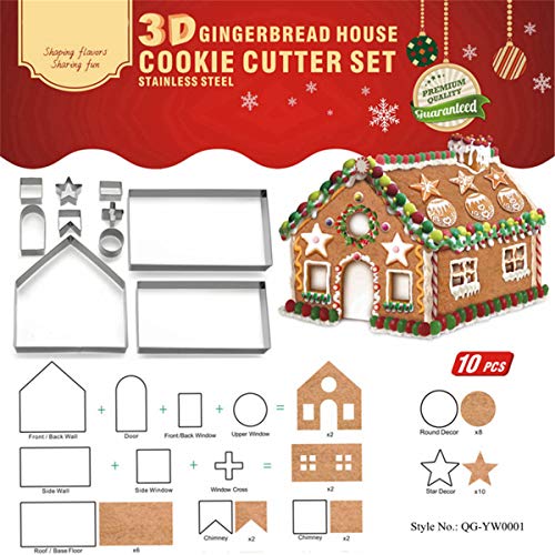 3D Christmas Gingerbread House Cookie Cutters Set, FantasyDay 10 Pcs 430 Stainless Steel Cartoon Snowflake Biscuit Cutter Pastry Mold for Holiday Birthday Cake Dough Donut Fondant - Baking Dough Tool - color: #1