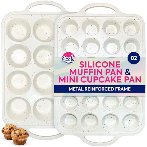 RICCLE 2 Pack Silicone Muffin Pan with Metal Frame, Cupcake Pans - size: 1 x Standard Muffin Pan & 1 x Mini Muffin Pan