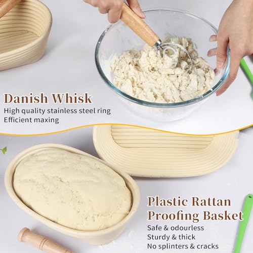 Banneton Bread Proofing Basket Set, 11 Inch Sourdough Proofing Basket and Bread Baking Supplies-Bread Lame, Danish Whisk, Bowl & Dough Scraper, Brush, (Rattan, 10in Round +10in Oval+1 Set Jar Kit) - size: Rattan, 10in Round +10in Oval+1 Set Jar Kit
