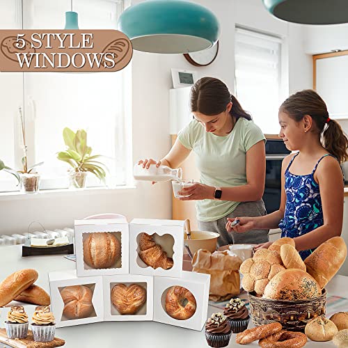 KPOSIYA 65PCS Bakery Boxes with Window 6x6x3 Inches 5 Style Cookie Boxes Small Pastry Boxes for Candy, Dessert, Pastry, Donuts, Birthday Party, Wedding(White) - color: White