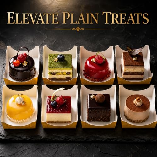 100 Pcs Square Cupcake Liners, Gold Paper Baking Cups for Muffin, Disposable Dessert Mousse Tray, Brownie Pastry Wrappers for Party Wedding