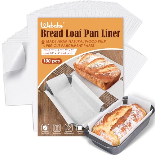 Webake Unbleached Parchment Paper Loaf Pan Liners for Baking Bread 9x5, 1lb 1.5lb 2lb, Original Precut, Non Toxic Baking Paper 100Pcs - color: White 9x5