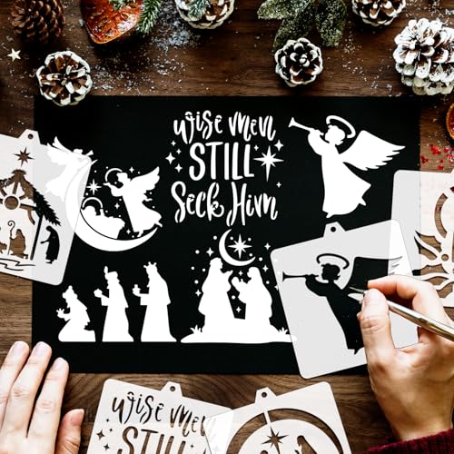 Whaline 15 Pcs Jesus’ Birth Bread Stencils Painting Stencils Christmas Nativity Christ Decorative Cake Baking Templates with Bead Chain for Xmas Holiday Party DIY Craft, 4.7 x 5.1 Inch - style: Nativity