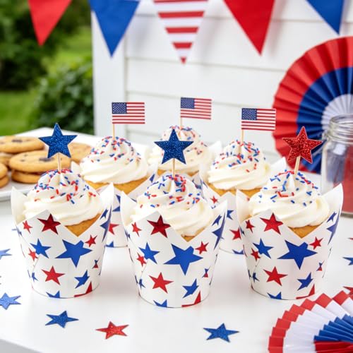 Whaline 120 Pcs July 4th Patriotic Tulip Cupcake Liners Red Blue Star Foil Baking Cups Independence Day Cupcake Muffin Wrappers for 250th Anniversary Memorial Day Party Supplies Table Decor - style: Star