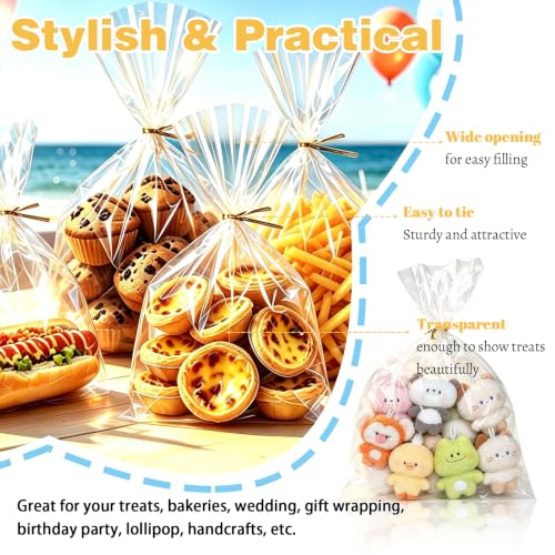 Nobranded 200 pcs Clear 5" x 11" Flat Cello Cellophane Bags Poly Treat Bags 2.8 mils for Gift Wrapping, Bakery, Cookie, Candies, Toast, Dessert, Party Favors Packaging with Color Twist Ties… - size: 5x11 Inch (Pack of 200)