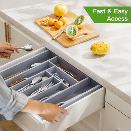 Pipishell Bamboo Expandable Silverware Drawer Organizer, Gray, Medium - color: Grey, size: Medium