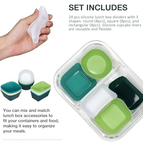 24 Pcs Silicone Lunch Box Divides, Cupcake Muffin Cups, 3 Shapes