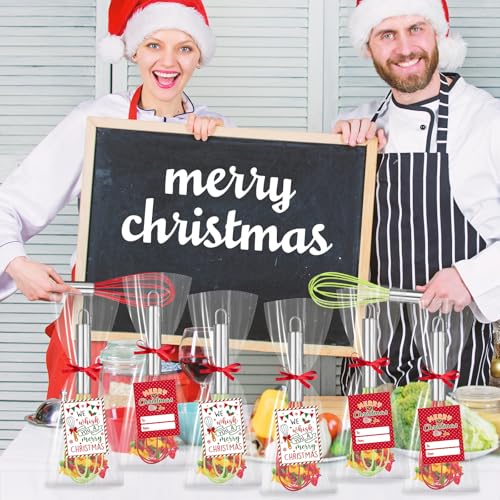 6 Sets 8 Inch Christmas Whisk Bulk Baking Supplies, Xmas Silicone Whisks Baking Gift Set with Greeting Cards Ribbon Bags, We Whisk You A Merry Christmas Neighbor Gifts for Employee Cooking Ornaments