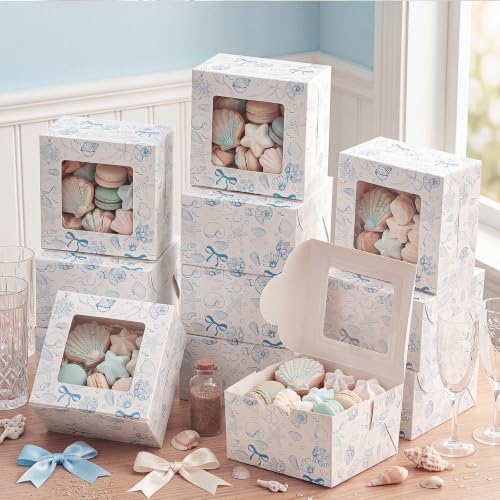Chivertino 50 Pack Blue Seashell Square Cookie Boxes with Window - color: Blue, size: Seashell