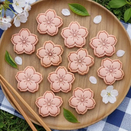 BAKERLOGY Sakura Mini Cookie Cutter & Stamp Set – Cherry Blossom Biscuit Cutter Fondant Embosser for Spring Baking, Garden Tea Party Cookies, Japanese Flower Cupcake Decoration Tool