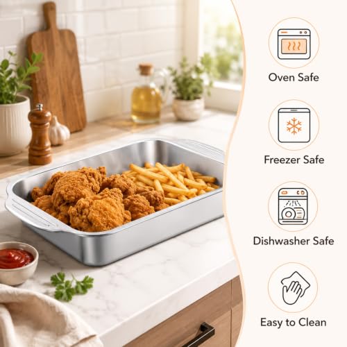 2 Pack 9 x 13 Inch Baking Pan with Handle Stainless Steel 3 Inch Deep Rectangular Cake Pan for Casseroles, Brownies & Roasting, Rectangle Baking Bakeware for Bakings Roasting Toaster Oven