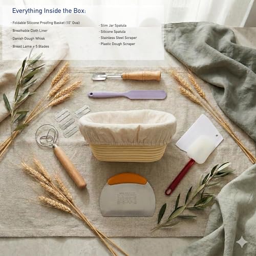 Silicone Bread Proofing Basket Set 13 PCS – 10" Oval Foldable Banneton Basket with Cloth Liner, Bread Lame, Danish Dough Whisk, Scrapers & Spatulas – Non-Stick BPA-Free Sourdough Bread Baking Supplies