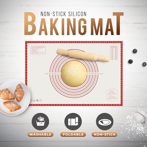 26 * 16 inches Red, Non-Slip Silicone Baking Sheets - Baking Mat with 0.7mm Thickness - Non-Stick Pastry & Cookie Mat for Kitchen Counter for Rolling Out Dough with Measurements. - color: Red, size: 26"L x 16"W