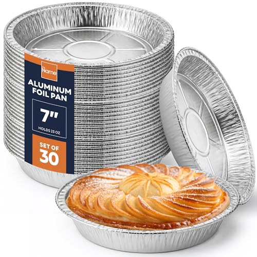 The Name 7" Round 30 Pack Aluminum Foil Pans Disposable Pie Tins, Mini Pans, Tart Baking Trays, Oven/Freezer Safe, Perfect for Apple Pie, Pumpkin Pie, Quiche, Pot Pie, Cobbler, Catering & Food Service - size: 7"