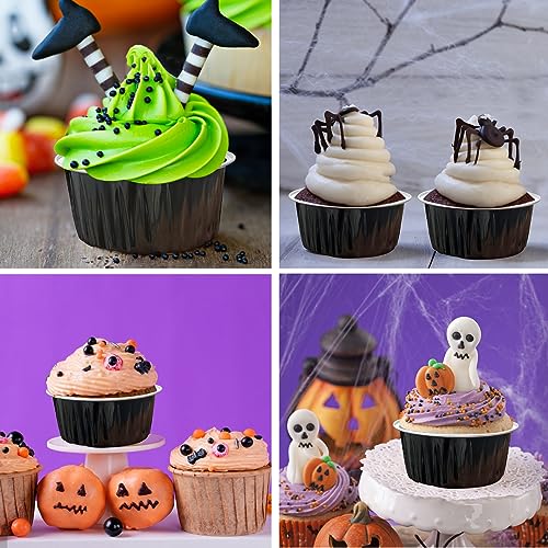100Pcs Aluminum Cups with Lids,5oz Disposable Ramekin Baking Cups Muffin Liners Mini Pie Pans Foil Cupcake Containers for Christmas Party Wedding Party,Black - color: Black