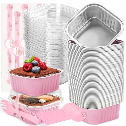 5 oz Pink Square Mini Cake Pans with Lids, 50 Pack for Bake Sales - color: Pink, size: 5 oz
