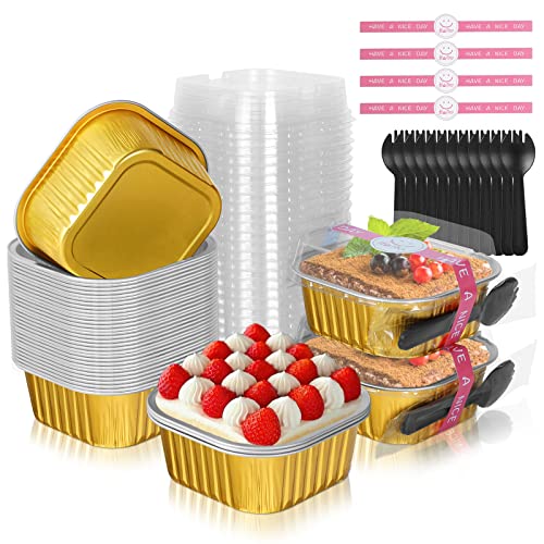 40 Pack 10oz Mini Cake Pans with Lids,Gold Aluminum Foil Cake Tins - color: Gold, size: 40 Pack 10oz