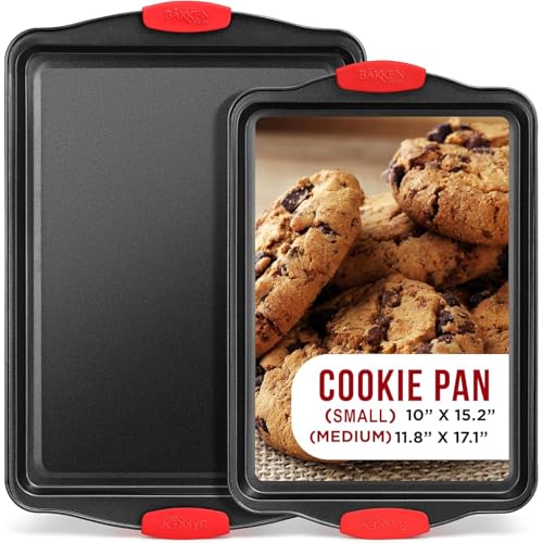 2 Piece Set Nonstick Carbon Steel Oven Bakeware -Professional Quality Kitchen Cooking Baking Trays -PFOA, PFOS, PTFE-Free Small & MediumBaking Sheet Pans with Red Silicone Handles - color: Black, size: Small & Medium