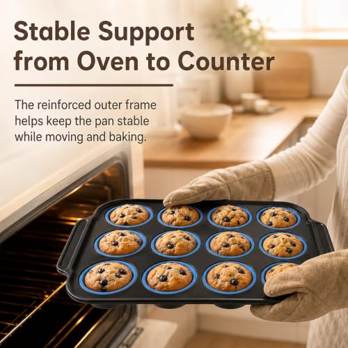 Silicone Muffin Pans for Baking, 12-Cup Muffin Tin with Metal Frame - color: Blue