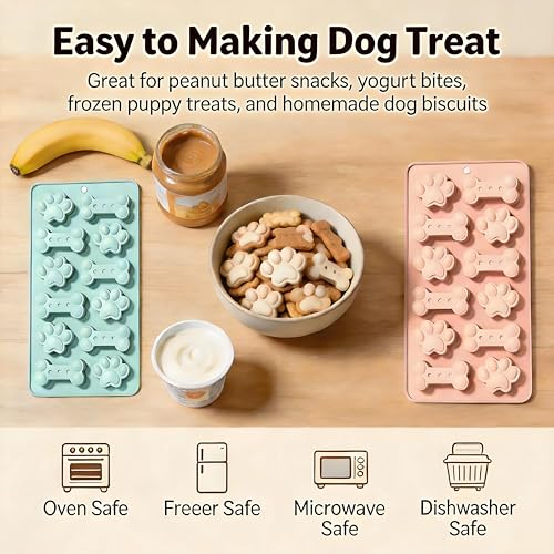 2Pack Dog Treat Molds Silicone, 24 Cavity Puppy Paw & Bone Shaped - color: Pink+Blue
