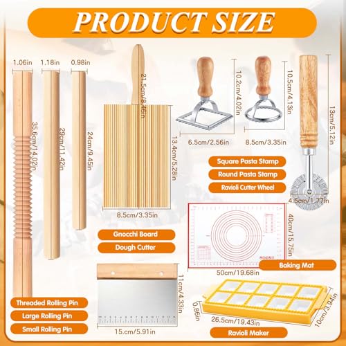 Pasta Making Tools, 10 Piece Wood Pasta Making Kit with 3 Rolling Pins, 1 Gnocchi Board, 1 Dough Cutter, 1 Ravioli Cutter, 1 Ravioli Maker, 2 Pasta Stamps, 1 Baking Mat, Ravioli Pasta Set for Kitchen - color: 10 Piece