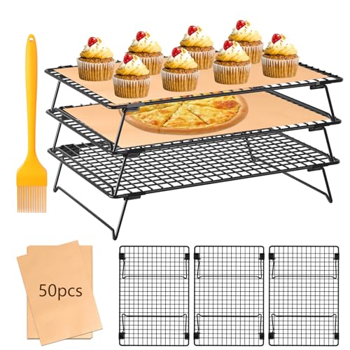 3-Tier Baking Cooling Rack with Legs, 13"x 9" w/50 Parchment Paper - size: 13"x9"