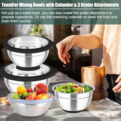 TeamFar Mixing Bowls with Colander, Stainless Steel Salad Bowls, Black - color: Black