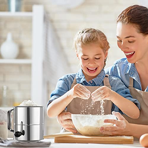 PIQUEBAR Flour Sifter - 5 Cup Fine Mesh Hand Crank Sifter Stainless Steel with Agitator Wire Loop for Baking, Powdered Sugar Duster Set - size: 5 Cup