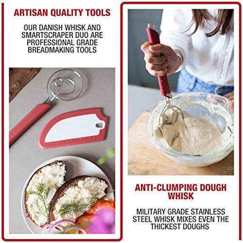 Breadsmart Artisan Bread Whisk and Bench Scraper Duo - Essential Dough Mixer Tools - Sourdough Bread Baking Supplies - color: Red