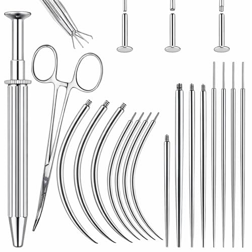 17PCS Piercing Insertion Tool, Stainless Steel Body Jewelry - color: Curved tweezers+Piercing Tapers