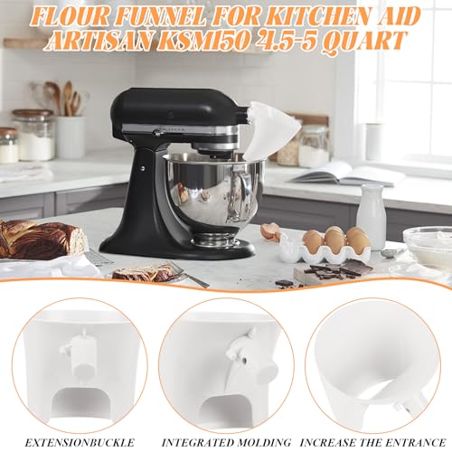 2 Pack Flour Funnel for KitchenAid Stand Mixer Attachments, Pouring Shield for 5 Quart Tilt-Head Mixing Bowls, White ABS Mess-Free Ingredient Funnel for Dry & Wet Ingredients (12×10×14CM)