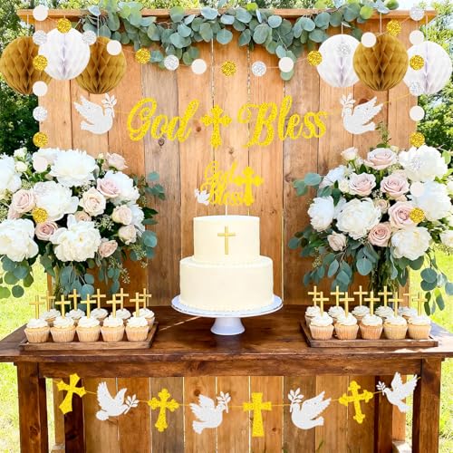 God Bless Banner Cross and Dove Glitter Dots Garland with Cake Topper Honeycomb Balls Set for God Bless Christening Baptism Party Decorations Boys Girls Holy First Communion Décor