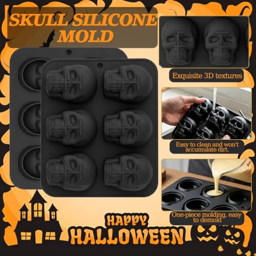 2Pcs Skull Silicone Mold, 6-Cavity 3D Large Skull Cake Pan Molds Halloween Silicone Molds for Baking Chocolate, Candy, Cake Decoration, Resin Casting