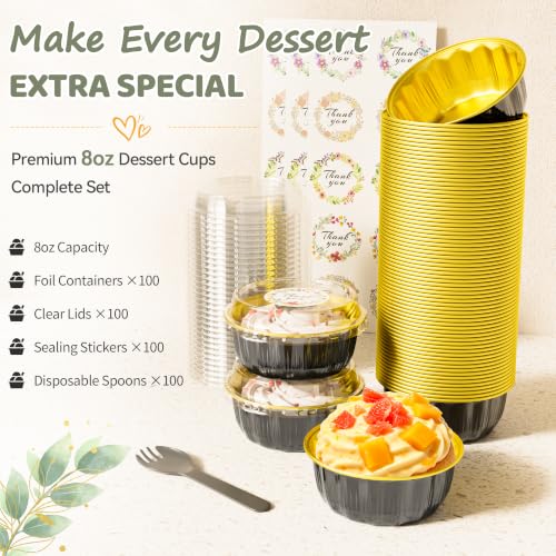 100 Pack 8 OZ Disposable Ramekins with Lids and Spoons Aluminum Foil Cups