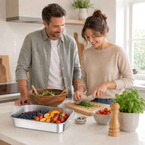 2 Pack 9 x 13 Inch Baking Pan with Handle Stainless Steel 3 Inch Deep Rectangular Cake Pan for Casseroles, Brownies & Roasting, Rectangle Baking Bakeware for Bakings Roasting Toaster Oven