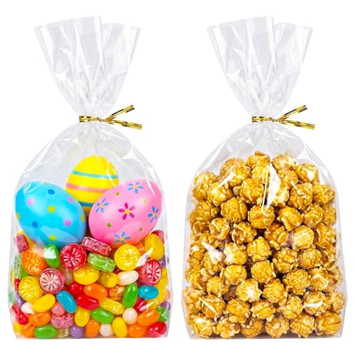 rebucas Cellophane Bags Flat Bottom Cookie Bags Cellophane Treat Bag with Twist Ties for Candy, Cookies, Popcorn, Small Gift Wrapping, 50 Pack 7x10 Inches, Clear - size: 7x10 inch (Pack of 50)