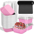 selizo 60 Pack 10oz Mini Disposable Cake Pans with Lids, Aluminum Foil Square Baking Cups, 4.4x4.4 Large Baking Cake Tins Cup Cake Containers with Lids for Thanksgiving Individual Cakes - color: Pink, size: 10oz
