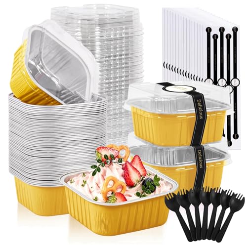 50 Pack Mini Cake Pans With Lids And Spoons,5oz Square Cake Tins - color: Gold