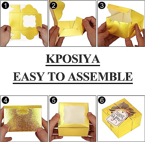KPOSIYA 120pcs Small Cookie Boxes with Window, 4x4x2.5 Gold Bakery Box - color: Gold, size: 120